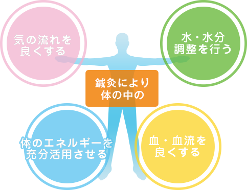 鍼灸により体の中の気の流れを良くする。体のエネルギーを充分活用させる。血・血流を良くする。水・水分調整を行う。